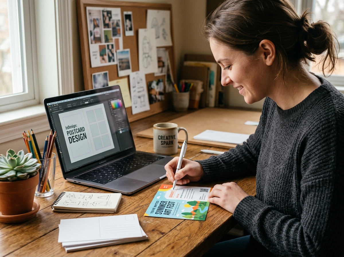 Graphic designer creating a direct mail marketing postcard layout with bold typography and call to action.