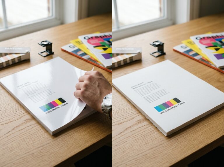 Side-by-side print comparison of glossy coated paper versus textured matte uncoated paper stock.