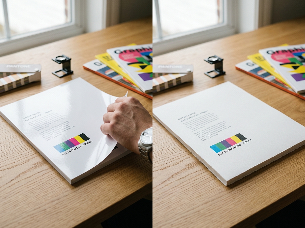 Side-by-side print comparison of glossy coated paper versus textured matte uncoated paper stock.
