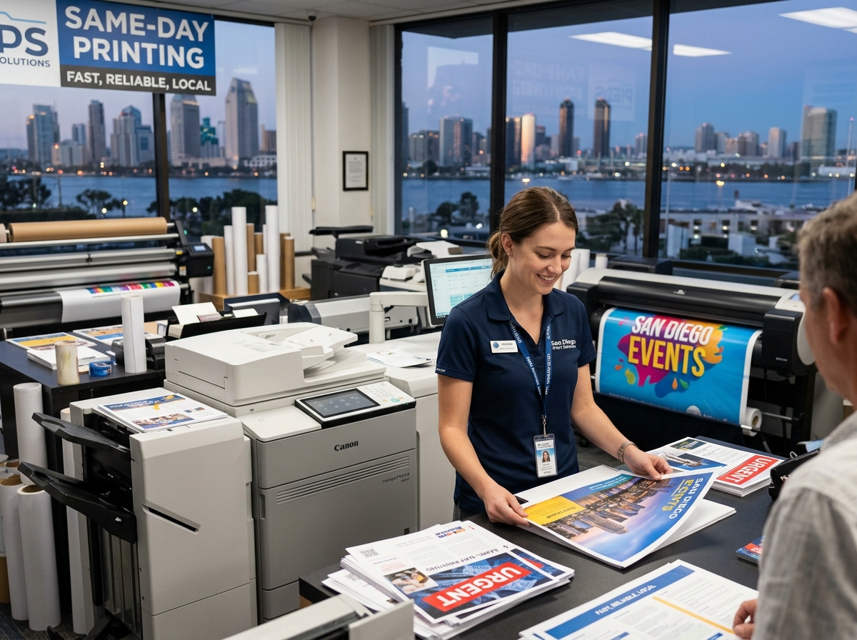 San Diego print shop technician producing same-day business cards and flyers on a digital commercial press.